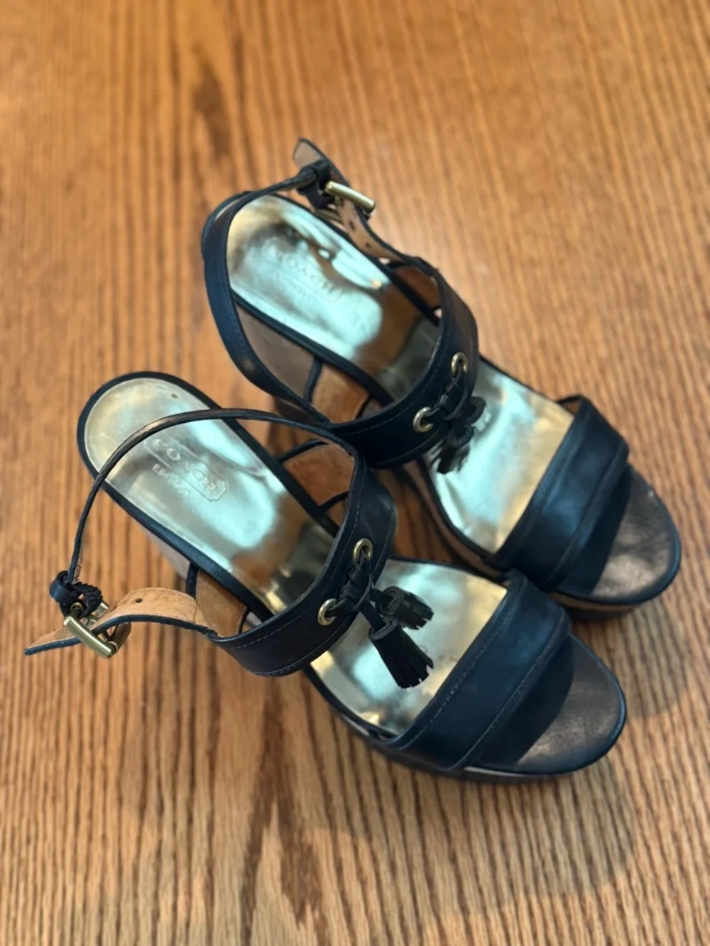 Coach Black Leather Tassel Ankle-Strap Wedges - Picture 3 of 6